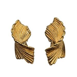 Vintage Monet Gold Tone Leaf Clip On Earrings Textured Statement Jewelry Signed